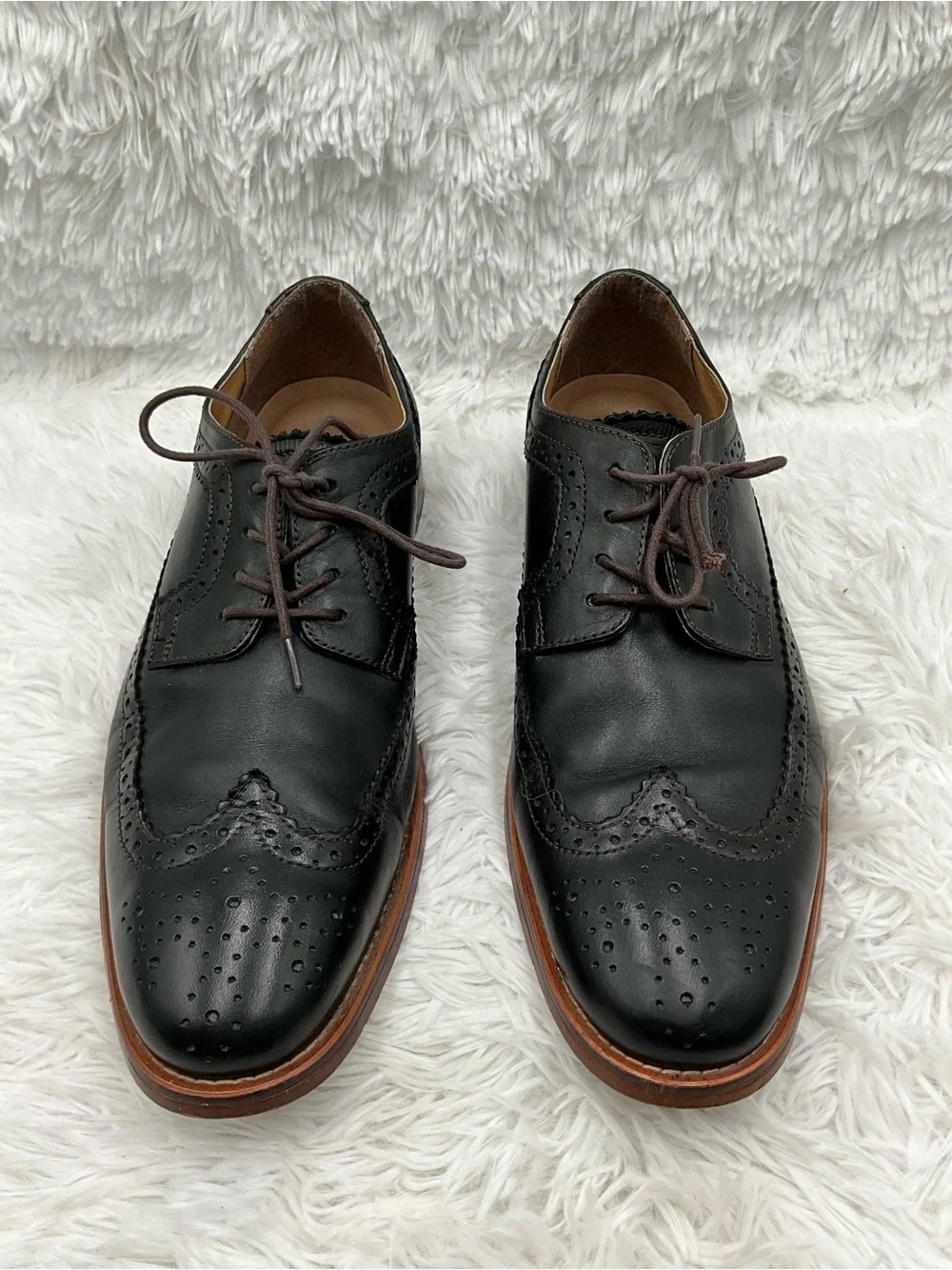 Bass Wingtip Shoes Size 10M Black Leather Oxford Dress Shoe w/ Brown Sole